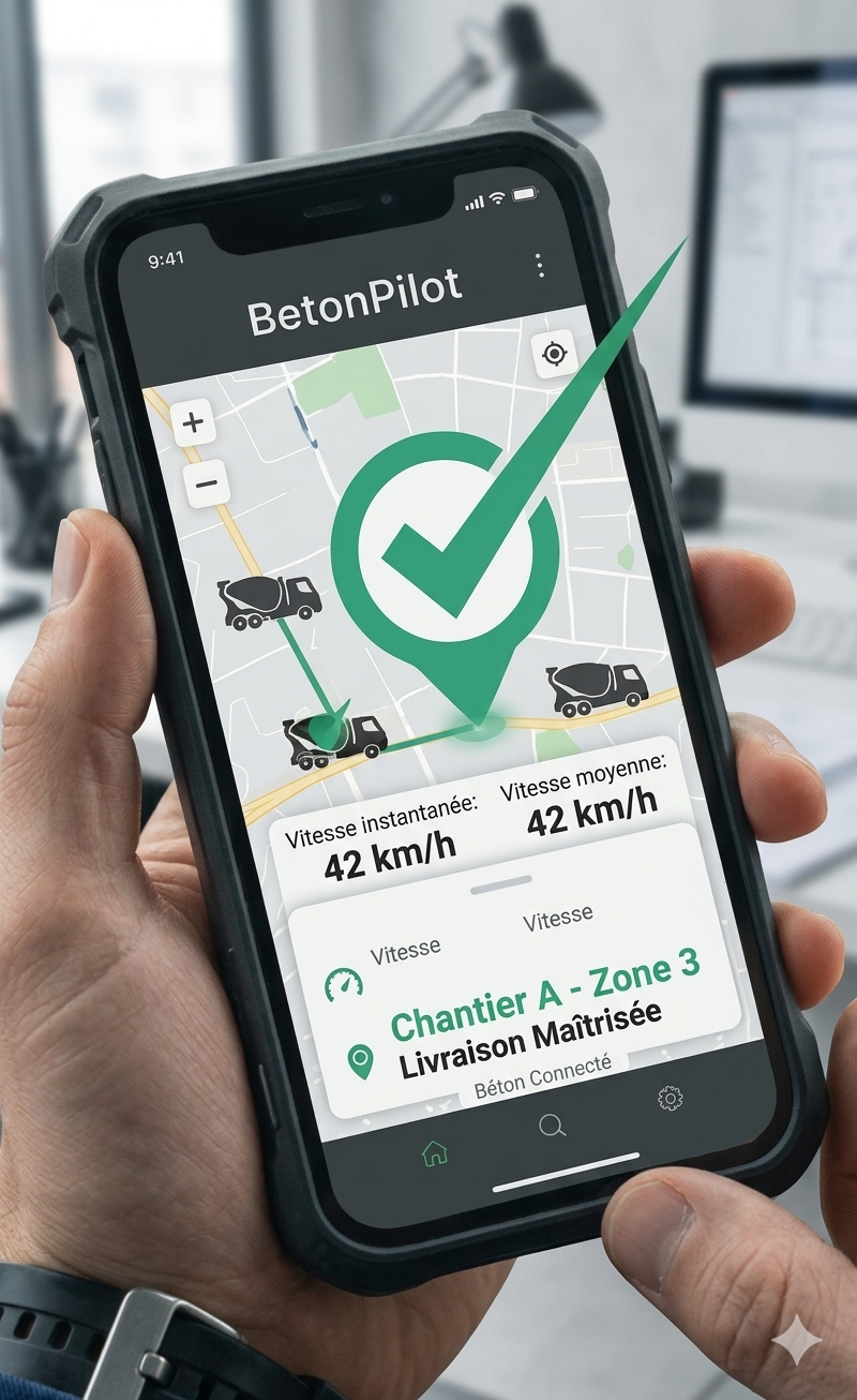 Application BetonPilot sur smartphone — suivi GPS, carte chantier, vitesse